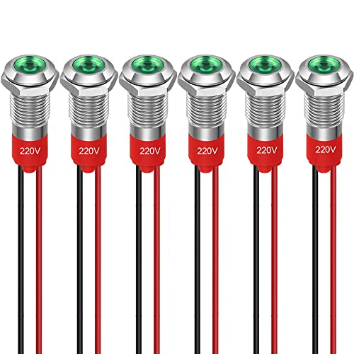 GUUZI 6pcs 8mm Voyant LED 220-230V Signal Lumineux étanche Panneau Métallique Voyant LED Montage sur Panneau Tête Plate Avec Fils Coque Argentée (Vert)