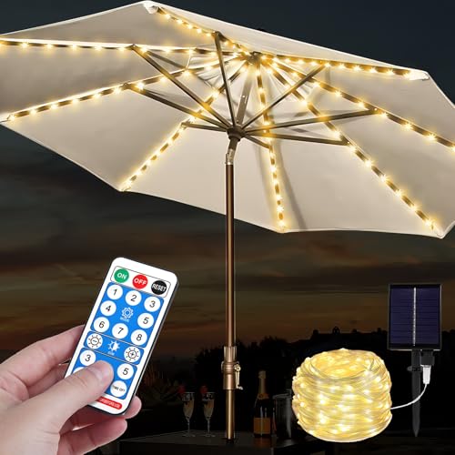 Solar Lichterkette für Sonnenschirm, Regenschirm Lichterkette mit 104 LED, Solar Sonnenschirm Lichter, Sonnenschirmleuchten mit Fernbedienung, Terrassenschirm Lichterketten, für Campingzelte, Außen