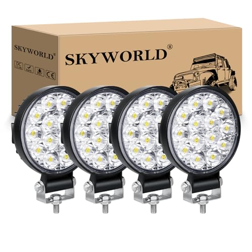 SKYWORLD 12V led strahler kfz, 4pcs 3.2 Zoll 42W Round Mini Spot scheinwerfer auto offroad nebelscheinwerfer für SUV ATV Traktor LKW 4x4, 6000K Weiß, led arbeitsscheinwerfer, led arbeitslicht