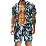 Hehiy Herren 2 Stück 80er 90er Jahre Outfit Retro Hemden und Shorts Set Hawaii Strand Trainingsanzüge für Männer Disco Party Jogging Anzug Herren Set Sommer Klamotten Set Herren