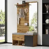 SogesHome Garderobe Set Flurgarderobe mit gepolsterter Aufbewahrungsbank Schuhschrank mit Stecktafel 4 Haken für Flur Eingangsbereich,100x35x180 cm (Teak Schwarz)