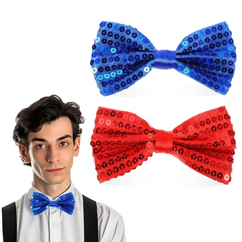 GEEHUA 2 Stück 12 cm Glitzer Fliege Herren, Fliege Glitzer Fliege Herren Hochzeits Pailletten Fliege Pailletten Fliegen für Männer Glitzer Showman Kostüm Karneval Mottoparty(Rot+Blau)