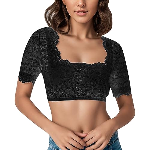 Dirndlbluse Schwarz, Trachtenbluse Damen Festlich, Spitzenbluse Kurzarm Quadratischer Ausschnitt Oktoberfest Bluse Elegant Tracht Bluse Weich Stretch Shirt Einfarbig Traditionelle Party