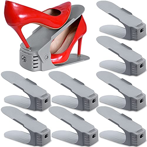 SaiXuan 10 Stück Einstellbare Schuhregale, Schuhstapler/Schuhhalter Set, 3 höhenverstellbar, Platzsparend, rutschfest,Kunststoff-Grau