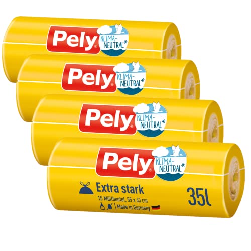 Pely Zugband Müllbeutel extra stark - klimaneutralisiert durch Kompensation, Vorteilspack (4 x 15 Stück), gelb, für die Entsorgung von Restabfall (35 Liter)