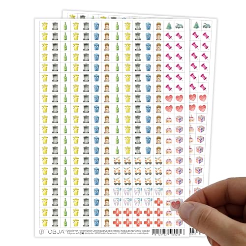 TOBJA Kalender Sticker Set - 2 Bögen mit 560 Aufkleber Kalender | Enthält Sticker für Mülltrennung, Arzttermine, Geburtstage, Weihnachten und mehr | Perfekt als Sticker für Kalender und Abfallkalender