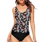 Generisch Damen-Badeanzug Mit V-Ausschnitt BadeanzüGe Mit Blumendruck Sexy Bikini-Sets Strandbadebekleidung Badeanzug (XXL,schwarz 1)