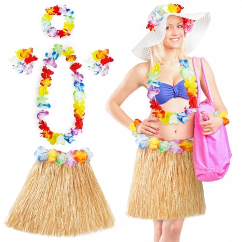 Aomig Hawaii Mottoparty Kostüme Set Rock, Hawaiian Gras Hula Rock Sets, 40cm Lange Hawaiianischer Grasrock mit Halskette Armbänder Haarblume Grasröcke für Cheerleading Strand Party Ostern(Strohfarbe)