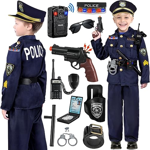 INNOCHEER Polizei Kostüm Kinder, Polizei Kostüm für Kinder mit Polizei Uniform, Recorder, Schulter Polizei Lichter, Halloween Kostüm für Jungen Mädchen, Rollenspiel Kit für Jungen Mädchen