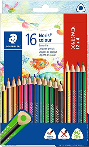 STAEDTLER Buntstifte Noris Colour, erhöhte Bruchfestigkeit, Dreikantform, attraktives Design,ergonomische Soft-Oberfläche,WOPEX Material, brillanten Stiften im Kartonetui .187 C12P1,(16 Stück)1er Pack