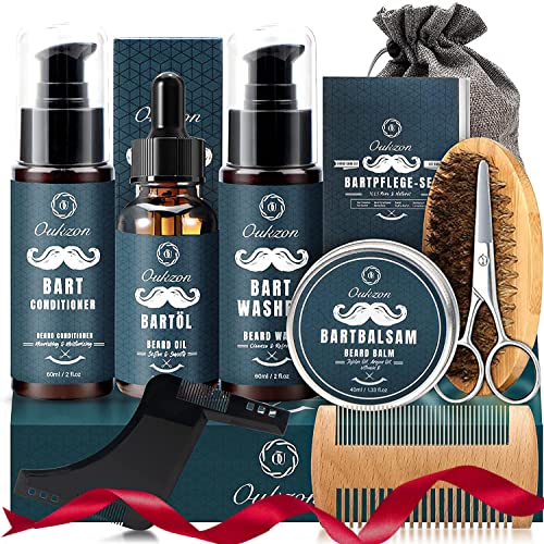 Bartpflege Set für Männer, Oukzon 10 in 1 Hochwertig Bart Weihnachtsgeschenke- 60ML Bartshampoo, 60ML Bart Conditioner, Bartöl, Bartbalsam, Bartkamm, Bartbürste, Bartschere, Bartschablonen,Reisetasche