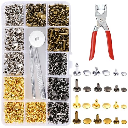 UESDU Ledernieten Set, 180 Sätze Hohlnieten mit Nietenzange und Lochzange 12mm 8mm 6mm Leder Nieten Metallniete Doppelkappe für DIY Lederhandwerk Handwerk Nähen