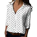 CGGMVCG Schwarzes Button-Down-Shirt für Damen, Frühling, Sommer, gepunktet, langärmelig, V-Ausschnitt, Oberteil, Bluse, Damen, Langarm-Tops, Weiß, XX-Large