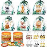 Threan 36 Dschungel Safari Partygeschenke Set 12 Wilde Tiere Party Rucksäcke mit Kordelzug Dschungel Party Geschenktüten 12 Tiere Silikonarmband 12 Dschungel Acryl Schlüsselring für Den Kinder Zoo