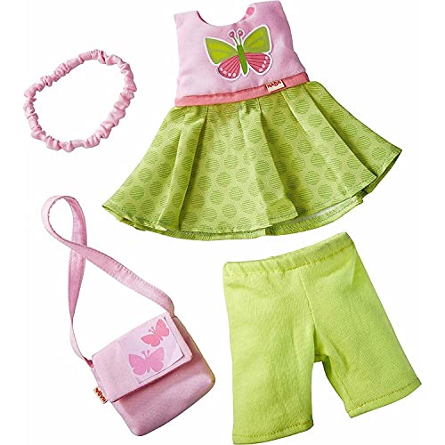 HABA 304253 - Kleiderset Schmetterling, Set aus Kleid, Hose, Handtasche und Haarband, Puppenzubehör für alle 30 cm großen HABA-Puppen, ab 18 Monaten