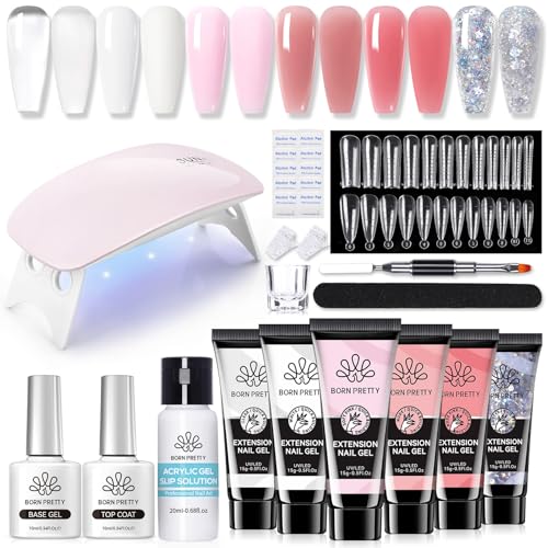 Born Pretty Polygel Starter Set mit UV Lampe - Poly Gel Nägel Set 6 Farben Transparent Weiß Nude Rose Glitzer Nagelset Gelnägel Starterset Nagelverlängerung Kit Base Top Coat Slip Solution