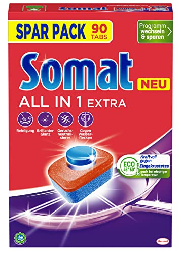 Somat All in 1 Extra Spülmaschinen Tabs (90 Tabs), Geschirrspül Tabs für strahlende Sauberkeit auch bei niedrigen Temperaturen, bekämpfen selbst verkrustete Rückstände