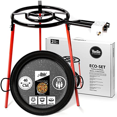 Alises - Paella-Kochset (Eco-Set) mit Paella-Pfanne aus emailliertem Stahl (46 cm) - Gasbrenner (40 cm) und Dreibein