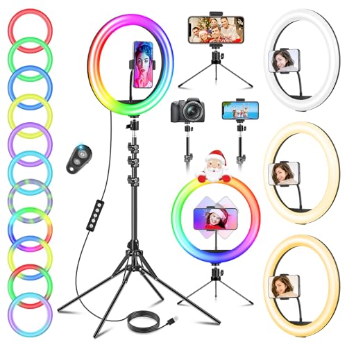 12 Zoll Ringlicht mit Stativ Handy, Tisch LED Ring Light Kamera Handystativhalter mit Ringleuchte für YouTube, Selfie, Makeup, Fotografie, 40 RGB-Modi 13 Helligkeit, Gesamthöhe 177cm