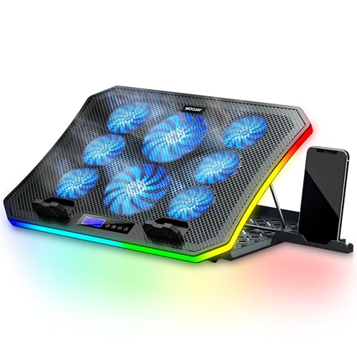 Laptop Kühler RGB Gaming Notebook Kühlpads für Schreibtisch und Schoß, MOOJAY Laptop Lüfter Ständer 8 Höhenverstellbar mit 8 Leisen Lüfter+Handyständer, für 15,6-17,3 Zoll Laptop - Blau LED Licht