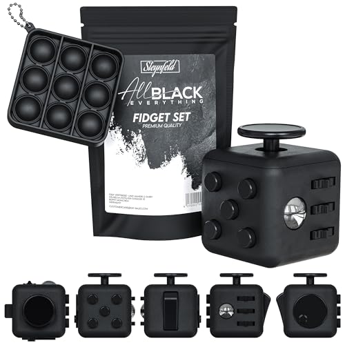 Steynfeld® - Fidget Set mit Fidget Cube inkl. gratis Fidget Popper, schwarz, Fidget Würfel, Fidget popit, ADHS Anti-Stress, Stressabbau, Anti Angst & Nervosität, Konzentrationshilfe