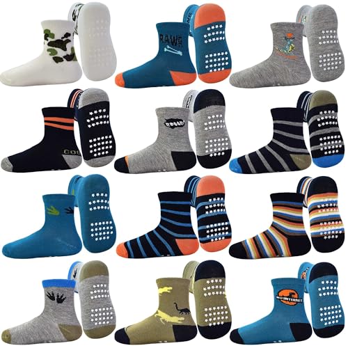 GRPSKCOS Antirutschsocken Kinder Stoppersocken Kinder 12 Paar Rutschfeste Socken Kinder ABS Socken für Jungen Mädchen（#1 Jurassisches Jahrhundert 1-3 Jahre）