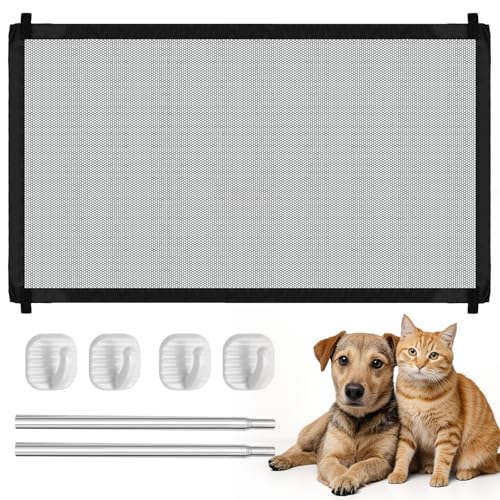 Treppenschutzgitter Ausziehbar, Türschutzgitter Ohne Bohren, Türgitter Hunde, Schutzgitter Treppe mit 4 Klebehaken für Innen- und Außenbereich (110 x 72 cm)