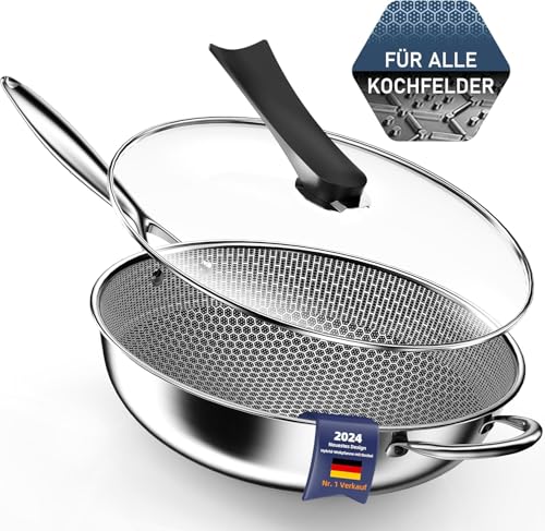 Kiseely Hybrid Wokpfanne mit Deckel 34 cm, Antihaft edelstahl Wokpfanne induktion, Bratpfanne mit Antihaftbeschichtung, Induktionfest pfanne, BPA/PFOA-frei wok (RD1)