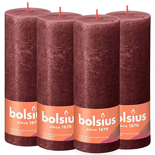 Bolsius Rustik Stumpenkerzen - Bordeauxrot - 4 Stück - 19 x 7 cm - Länge Brenndauer 85 Stunden - Unparfümierte - Natürliches Pflanzenwachs - Ohne Palmöl