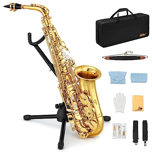 Eastar AS-Ⅱ Student Altsaxophon E Flat Goldlack Alto Anfänger Saxophon Komplettset mit Tragetasche für Saxophon, Mundstückriemen, Rohrblattständer