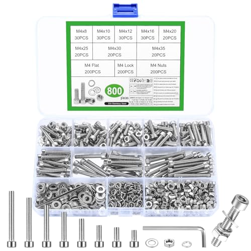 800 Stk M4 Schrauben Set, Sechskantschrauben Muttern Set, Edelstahl Zylinderschrauben Innensechskant Schrauben mit Muttern und Unterlegscheiben Set, Maschinenschrauben Gewindeschrauben Sortiment