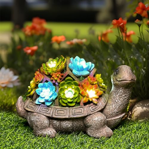 GIGALUMI Solar Schildkröte Geschenke für Frauen, Solar Garten Statue mit Sukkulenten und 7 LEDs, Geburtstagsgeschenk für Frauen(8,3 Zoll / 21 cm)