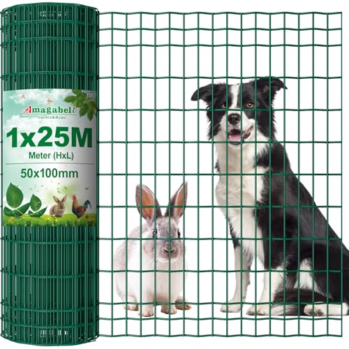 Amagabeli 1M X 25M Gartenzaun Zaun PVC-beschichteter 100 x 50mm 2.1 mm Drahtzaun Maschendraht Wildzaun/Hundezaun Rostfrei Zaunelemente Grünen Maschenweite Drahtgitter Kaninchendraht Forstzaun