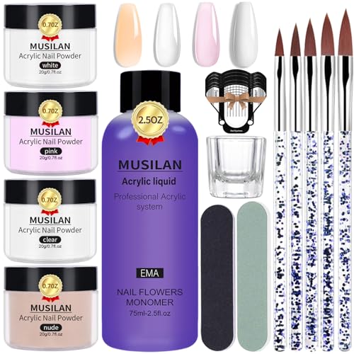 MUSILAN Acryl Nagelset, 4 Farben Rosa Nudes Klares Weiß Acrylpulver für Nägel mit Professionelle 75ml Acrylflüssigkeit Acrylnagelbürsten Nagelformen für Anfänger Nagelexperten DIY Nail Art Design