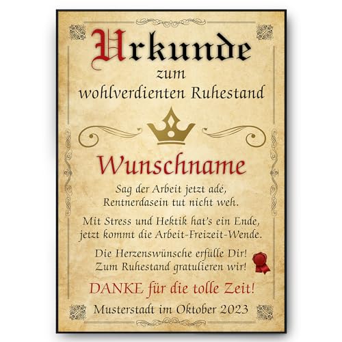 Tigerlino® Ruhestand Urkunde personalisiert Rente persönliches Abschiedsgeschenk Kollegen personalisierte Geschenkidee zum Ruhestand