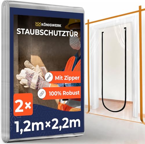 Königwerk 2x Staubschutztür mit Reißverschluss 1,1x2,2m [Extra Stark] - Inkl. Abdeckfolie - Ideal als Staubschutzwand, Baustellentür, Schmutzschleuse