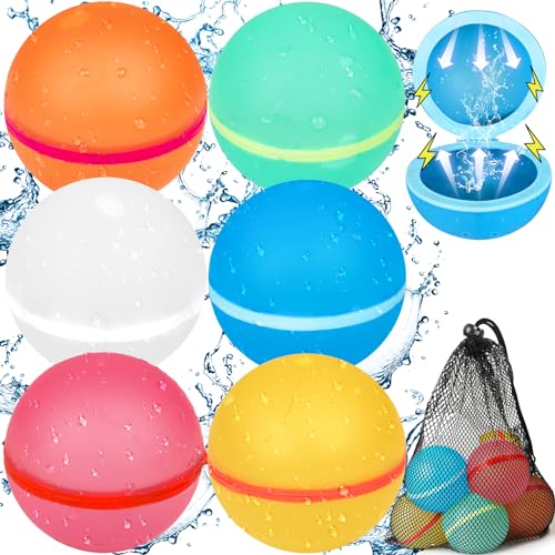 Parner 6 Stück Wasserbomben Wiederverwendbar Magnetisch mit 1 Mesh Bag, Silikon Wasserbomben Selbstschließend Wiederverwendba für Wasserspielzeug Pool Spielzeug Strandspielzeug