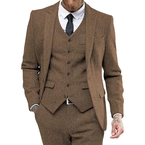 Herren Slim Fit Business Formal Anzug 3 Stück Tweed Herringbone Hochzeitsanzug Smoking Anzüge für Dinner Party Prom (Khaki,M)