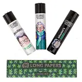 Granny's® Original Clipper Feuerzeuge Mix (3er Set) & EIN Long Papers mit Tips (36 Blättchen 108 x 45 mm und Filtertips) | Reusable Feuerzeuge | Limited Edition aus Nylon