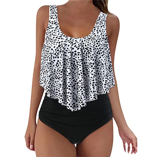 QWUVEDS tankini Damen Badeanzug Damen bikini oberteil Damen Badeanzug mädchen Zweiteiliger Bikini, hoch taillierte Badeanzüge mit gekräuseltem Volant-Oberteil Sommer Klamotten Herren (White, M)