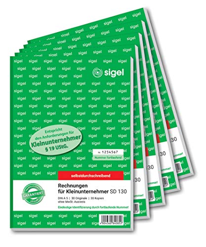 SIGEL SD130/5 Rechnungen für Kleinunternehmer A5, 2x30 Blatt, ohne MWST-Ausweis, selbstdurchschreibend, 5 Stück, mikroperforiert, mit Abheftlochung, aus nachhaltigem Papier