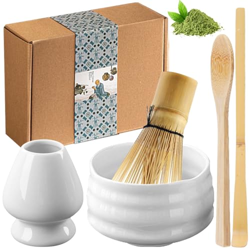 5 Stück Matcha Tee set, Matcha set mit Matcha Besen, Matcha Schale aus Keramik, Bambusbesen Matcha Besen, Besenhalter aus Keramik, Handwerklich angefertigte Matcha, Matcha zubehör Geschenkset (weiß)