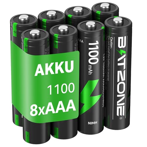 BATZONE wiederaufladbare AAA Akkus 8 Stück, Micro AAA Akku, Typ NI-MH 1100mAh AAA Akkus, geringe Selbstentladung 1.2v AAA Batterien, mit Batterie Schutzbox