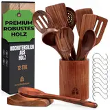 Holzkochlöffel Set – 12-teiliges Kochlöffel Holz Set aus Teakholz mit Halter, Löffelablage & Häkchen – Holzlöffel, Pfannenwender Holz, robust & antihaftend von Woodenhouse