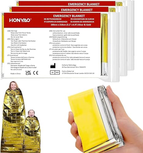HONYAO Rettungsdecke 3 Stück, Erste Hilfe Decke Gold Silber, 210×160cm, Notfalldecke Perfekt für Outdoor, Wandern, Überleben, Marathons oder Erste Hilfe, Robust, Reißfest & Wasserdicht