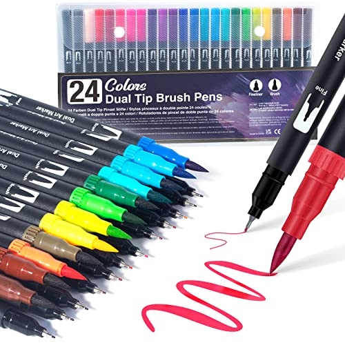 AKARUED Dual Brush Pen Set: Filzstifte 24 Farben Pinselstifte Marker Fineliner Aquarell Für Bullet Journal, Malbücher, Handlettering, Manga Kalligraphie stifte Malstifte Für Kinder und Erwachsene