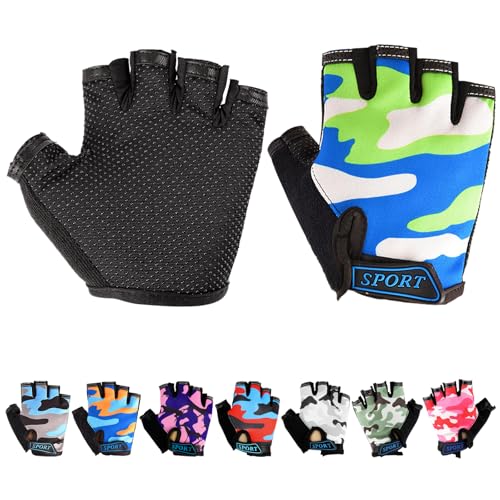 Mecmbj Kind Halb Finger Fahrradhandschuhe, Kinder Sport Handschuhe, rutschfeste Kindersporthandschuhe, zum Radfahren, Bootfahren, Yoga, Skaten, Klettern Blau+Grün(Anwendbare Personen: 6-12 Jahre)