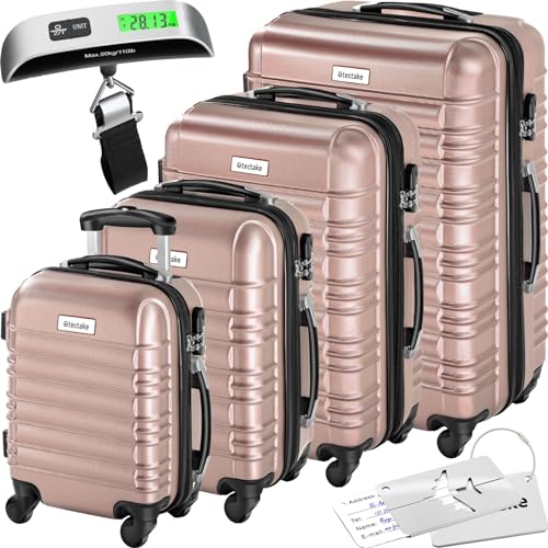 tectake® 4tlg. Hartschalenkoffer Set, Reisekoffer Set mit Rollen, Hartschale aus ABS, Koffer Set mit Teleskopgriff und Schloss, inkl. Kofferwaage und Kofferanhänge, Trolley Größen S-M-L-XL - roségold