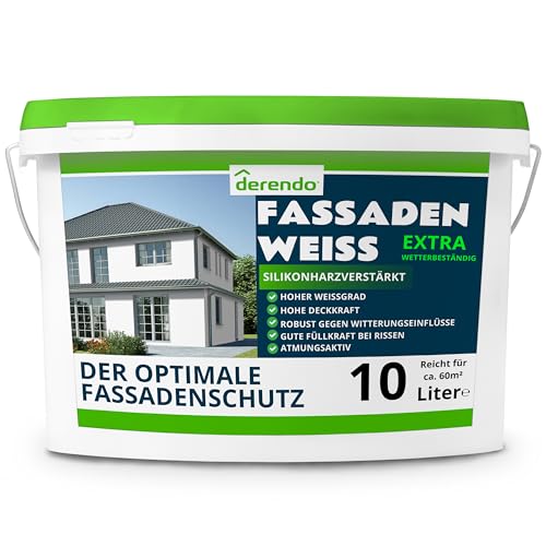 derendo Fassadenfarbe weiß silikonharzverstärkt mit EXTRA Wetterschutz, 10l, Fassaden Farbe mit hoher Deckkraft und guter Füllkraft bei kleinen Rissen, weiss matt