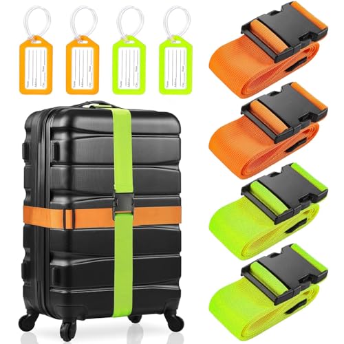 koffergurte 4 stück mit 4 Stück Gepäckanhänger Set, rutschfest Einstellbare koffer gurtband mit Adressschild, kofferbänder set auffällig für Schnell erkennen Gepäck, Reisetasche, Koffer, luggage strap